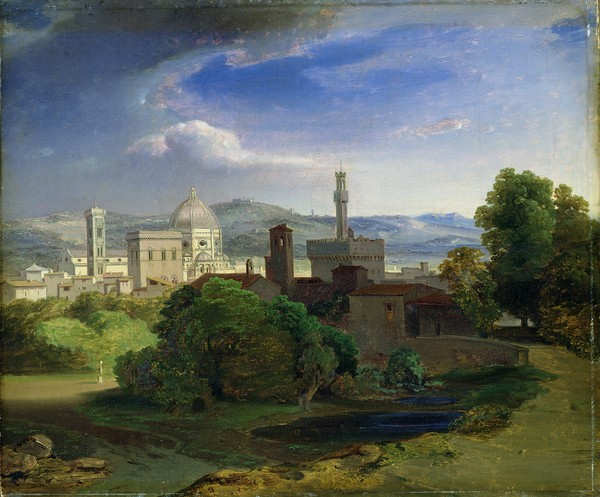 Carl Rottmann, View over Florence, c.1829 (oil on canvas) (Landschaftsmalerei, Italien, Florenz, Toskana, Domkuppel, mythisch, episch, Malerei, Romantik, Klassiker, Wunschgröße, Wohnzimmer, bunt)