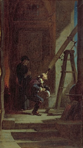 Carl Spitzweg, The Stargazer, c.1863 (oil on canvas) (Teleskop, Sternengucker, Nachtszene, Humor, Malerei, Klassiker, Wunschgröße, Spätromantik, Wohnzimmer, bunt)