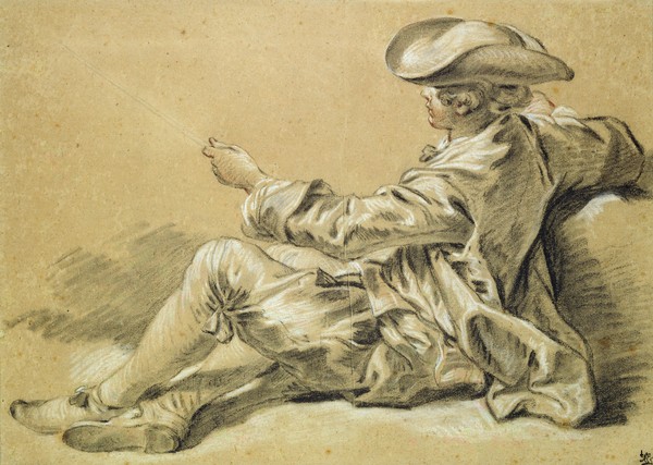 Francois Boucher, Small boy with a fishing rod, 1755 (black and white chalk with red chalk on light brown paper) (Junge, junger Mann, Angler, Pastorale, ländlich, bäuerlich, Genre, idealisiert, Rokoko, Skizze, Zeichnung, Klassiker, Wunschgröße, Wohnzimmer, Schlafzimmer, bunt)