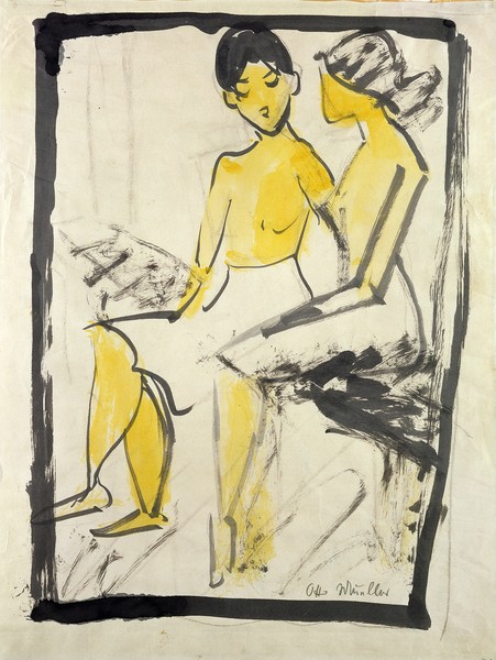 Otto Mueller, Two Young Girls, c.1911 (pencil and w/c on paper) (zwei Mädchen, junge Mädchen, sitzend, Expressionismus, Malerei, Wunschgröße, Wohnzimmer, bunt)
