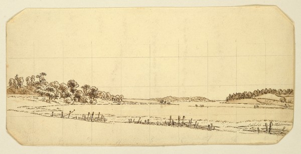 Caspar David Friedrich, Lakeside, 1802-3 (pen and brown ink wash with pencil on paper) (Landschaften, See, Ebene, Horizont, Romantik,  Zeichnung, Studie, Klassiker, Wohnzimmer, Wunschgröße, sepia)