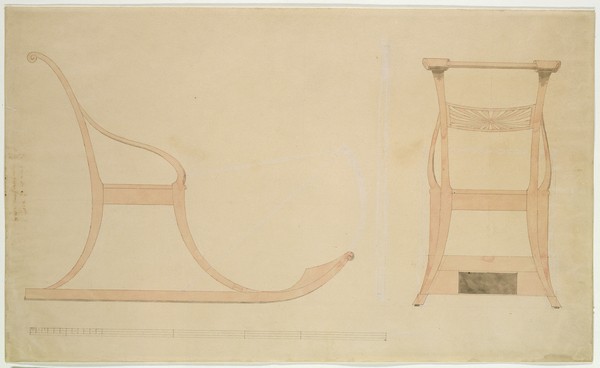 Caspar David Friedrich, Chair for a Sleigh (pen with reddish w/c on paper) (Schlitten, Konstruktion, Schlittenstuhl, Gefährt, Romantik,  Zeichnung, Studie, Klassiker, Wohnzimmer, Wunschgröße, sepia)