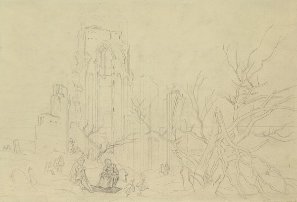 Caspar David Friedrich, Study for Winter, 1803 (pencil on paper) (Ruine, Winter, karg, Landschaften, Romantik,  Zeichnung, Studie, Klassiker, Wohnzimmer, Wunschgröße, sepia)