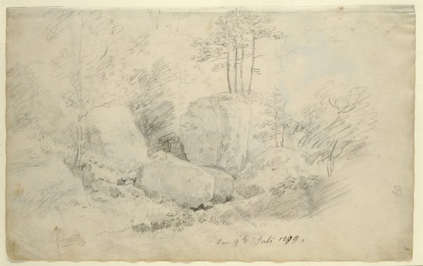 Caspar David Friedrich, Boulders in Woodland, 1800 (pencil on paper) (Landschaften, Felsbrocken, Findlinge, Bäume, Romantik,  Zeichnung, Studie, Klassiker, Wohnzimmer, Wunschgröße, sepia)