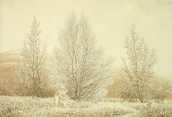 Caspar David Friedrich, Spring (pencil and sepia on paper) (Landschaften, Natur, Bäume, Skulptur, Frühling,  Romantik,  Zeichnung, Studie, Klassiker, Wohnzimmer, Wunschgröße, sepia)