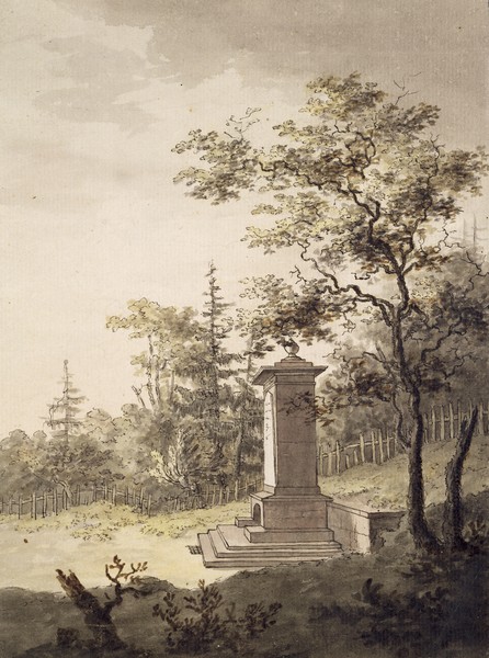 Caspar David Friedrich, Emilias Kilde, 1797 (pen & ink and w/c on paper) (Landschaften, Denkmal, Gedenkstätte, Dichtkunst, Persönlichkeiten, Romantik,  Zeichnung, Studie, Klassiker, Wohnzimmer, Wunschgröße, sepia)