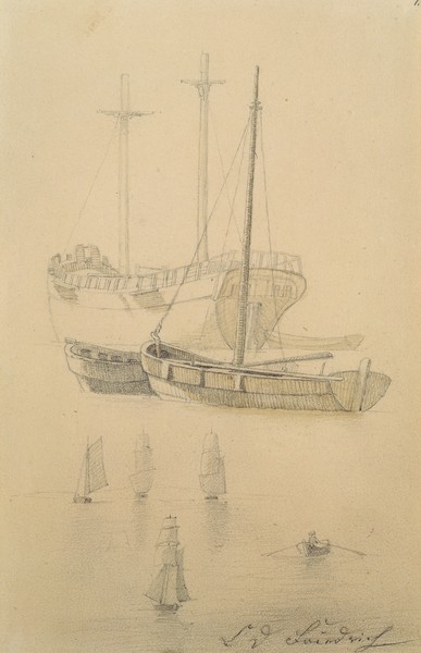 Caspar David Friedrich, Ships (pencil on paper) (Segelschiffe, Studien, Konstruktion, Romantik,  Zeichnung, Klassiker, Wohnzimmer, Wunschgröße, sepia)