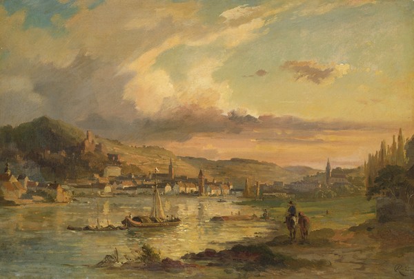 Carl Rottmann, Wertheim (oil on canvas) (Landschaftsmalerei, Landschaft, Deutschland, Hügel, See, Boote, Main, Fluss, Malerei, Romantik, Klassiker, Wunschgröße, Wohnzimmer, bunt)