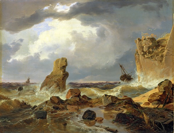 Andreas Achenbach, Surf on a Rocky Coast, 1835 (oil on canvas) (Seestück, Meer, Wellen, Segelboot, Küste, Felsen, Gefahr, Seegang, Unwetter, stürmisch, Meeresbrise, Malerei, Wunschgröße, Wohnzimmer, bunt)