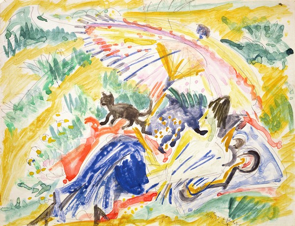 Ernst Ludwig Kirchner, Sunbathing, 1919 (w/c over pencil on paper) (Sonnenbad, Sommer, Sonnenschirm, Katze, Expressionismus, Malerei, Klassische Moderne, Wohnzimmer, Treppenhaus, Wunschgröße, bunt)