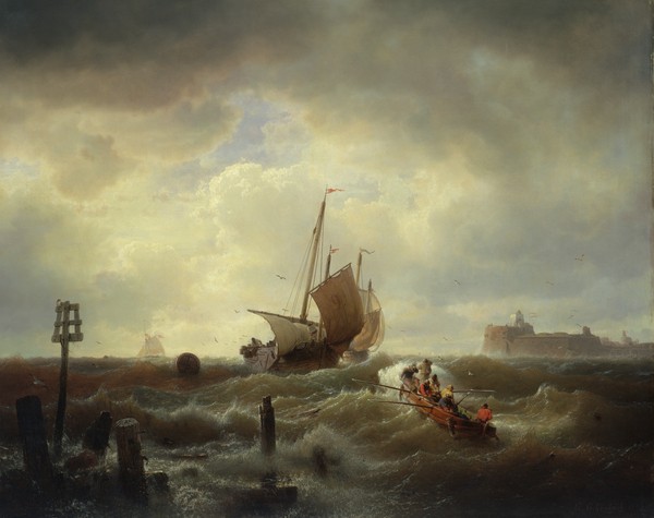 Andreas Achenbach, The Entrance to the Harbour at Hellevoetsluys, 1850 (oil on canvas) (Seestück, Meer, Wellen, Segelboot, Hafen, Ruderboot, Unwetter, stürmisch, Meeresbrise, Holland, Malerei, Wunschgröße, Wohnzimmer, bunt)