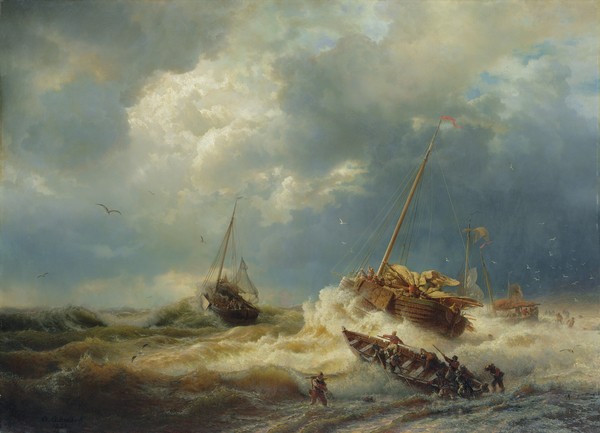 Andreas Achenbach, Ships in a Storm on the Dutch Coast, 1854 (oil on canvas) (Seestück, Meer, Wellen, Segelboote, Unwetter, stürmisch, Meeresbrise, Küste, Dänemark, Malerei, Wunschgröße, Wohnzimmer, bunt)