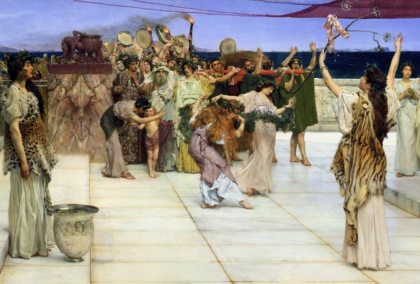 Lawrence Alma-Tadema, A Dedication to Bacchus, 1889 (oil on canvas) (detail of 141017) (Lobpreisung, Ehrung, Bacchus, Weingott, Mythologie, antikisierend, romantisierend,  Akademischer Realismus, Idylle, Malerei, Wunschgröße, Wohnzimmer, bunt)