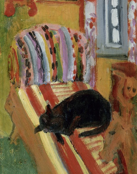 Ernst Ludwig Kirchner, The Living Room, 1920 (oil on canvas) (detail of 148757) (Katze, Sofa, schlafen, gemütlich, Expressionismus, Malerei, Klassische Moderne, Wohnzimmer, Treppenhaus, Wunschgröße, bunt)