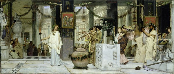Lawrence Alma-Tadema, The Vintage Festival in Ancient Rome, 1871 (oil on canvas) (Fest, Musikerinnen, Tänzerinnen, Mythologie, Rom, antikisierend, romantisierend,  Akademischer Realismus, Idylle, Malerei, Wunschgröße, Wohnzimmer, bunt)