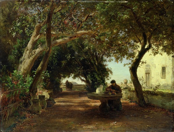 Andreas Achenbach, Italian Cloisters (oil on canvas) (Landschaftsmalerei, Garten, Kloster, Klostergarten, Mönch, Idylle, Italien, Malerei, Wunschgröße, Wohnzimmer, bunt)