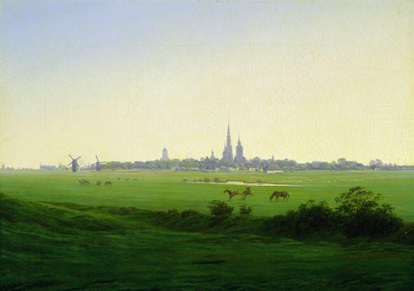 Caspar David Friedrich, Meadows near Greifswald (oil on canvas) (Felder, Wiesen, Weiden, Pferde, Stadtansicht, Landschaftsmalerei, Romantik, Malerei, Klassiker, Wohnzimmer, Wunschgröße, bunt)