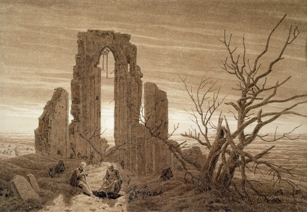 Caspar David Friedrich, Winter (ink and pencil on paper) (Ruine, Vergänglichkeit, Ruine, Winter, karg, Wunschgröße, Romantik, Klassiker, Malerei, Zeichnung, Wohnzimmer, Treppenhaus, sepia)