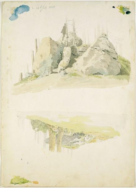 Caspar David Friedrich, Rock and Tree: Two Studies, 12th July 1810 (w/c and pencil on paper) (Berge, Bäume, Studie, Wunschgröße, Romantik, Klassiker, Malerei, Zeichnung, Wohnzimmer, Treppenhaus, Wasserfarbe, Buntstift)