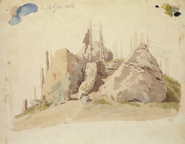 Caspar David Friedrich, Rock and Tree: unfinished study, 12th July 1810 (w/c and pencil on paper) (Berge, Bäume, Studie, Wunschgröße, Romantik, Klassiker, Malerei, Zeichnung, Wohnzimmer, Treppenhaus, Wasserfarbe, Buntstift)