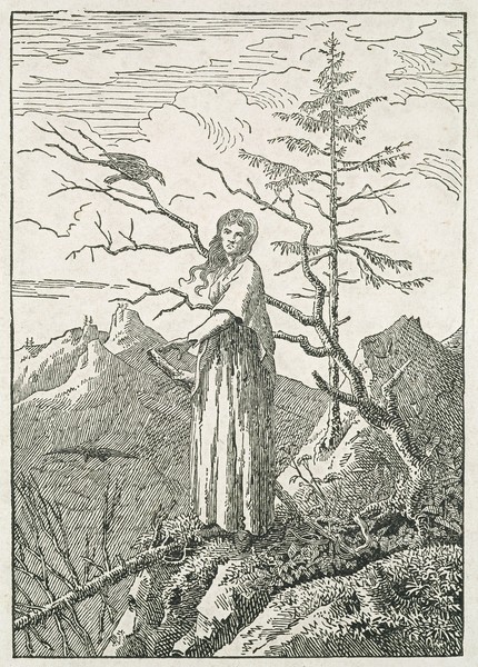 Caspar David Friedrich, Woman with a Raven, on the Edge of a Precipice (woodcut) (Frau, Einsamkeit, Abgrund, Rabe, Verzweifelung, Wunschgröße, Romantik, Klassiker, Grafik, Holzschnitt, Wohnzimmer, Treppenhaus, schwarz/weiß)