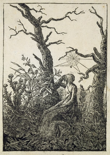 Caspar David Friedrich, The Woman with a Spider's Web in the middle of Leafless Trees (woodcut) (Frau, bäume, Spinnennetz, mystisch, Wunschgröße, Romantik, Klassiker, Grafik, Holzschnitt, Wohnzimmer, Treppenhaus, schwarz/weiß)