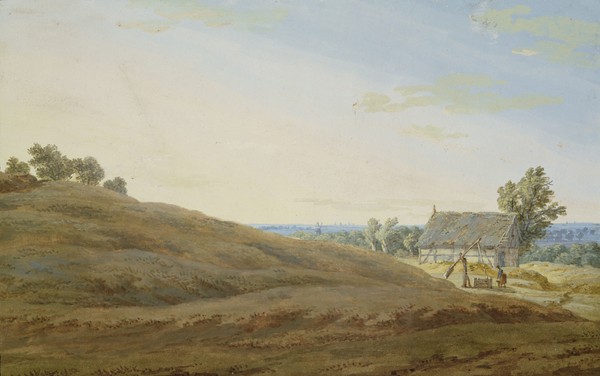 Caspar David Friedrich, Hut with a Well on the Rugen (gouache on paper) (Landschaft, Hügel, Hütte, Rügen, Insel, Diffus, Romantik, Malerei, Klassiker, Wohnzimmer, Wunschgröße, bunt)