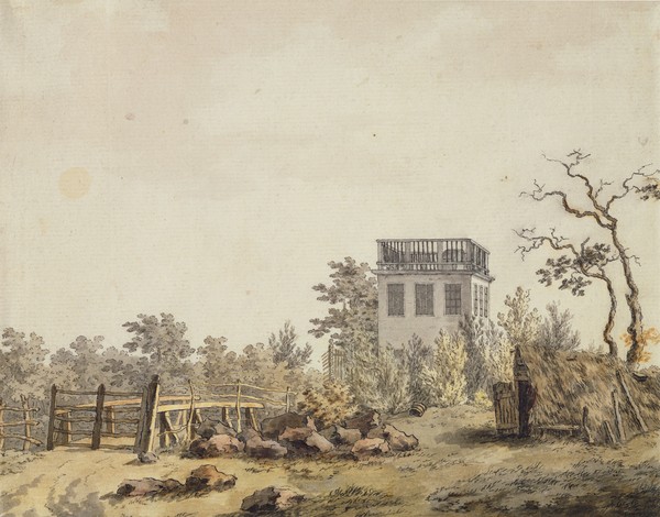 Caspar David Friedrich, Landscape with a Pavilion, c. 1797 (pen, ink and w/c on paper) (Landschaft, Haus, Pavillon, karg, verlassen, Romantik, Malerei, Klassiker, Wohnzimmer, Wunschgröße, bunt)