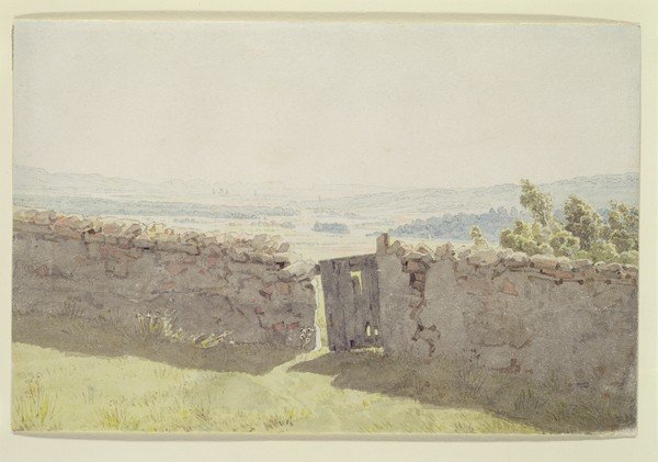 Caspar David Friedrich, Gate in the Garden Wall (w/c on paper) (Landschaft, Landschaftsmalerei,  Mauer, Tor, Einsamkeit, Diffus, Romantik, Malerei, Aquarell, Klassiker, Wohnzimmer, Wunschgröße, bunt)