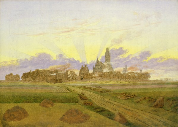 Caspar David Friedrich, Dawn at Neubrandenburg (oil on canvas) (Landschaft, Stadt, Panorama, Dämmerung, Sonnenuntergang,  Diffus, Romantik, Malerei, Klassiker, Wohnzimmer, Wunschgröße, bunt)