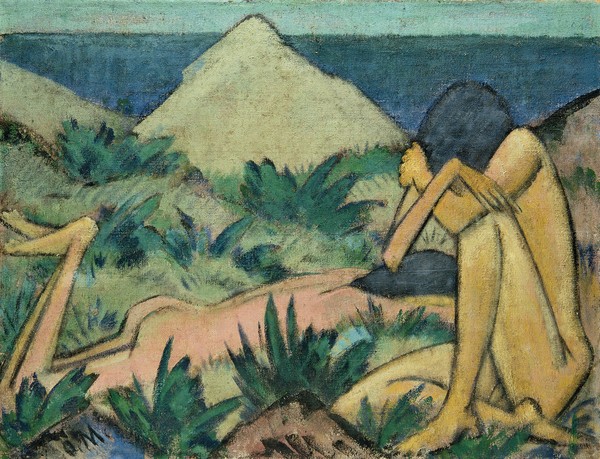 Otto Mueller, Nudes in Dunes, c.1919-20 (oil on canvas) (Nackt, Aktmalerei, nacktes Paar, Dünen, Meer, Sonnenbad, Expressionismus, Malerei, Wunschgröße, Wohnzimmer, bunt)