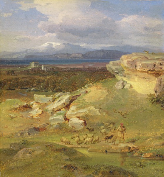 Carl Rottmann, Landscape near Corinth, c.1835 (oil on paper on canvas) (Landschaftsmalerei, Berge, Gebirge, Horizont, Griechenland, mythisch, episch, heroisch, Antike, Malerei, Romantik, Klassiker, Wunschgröße,  Wohnzimmer, bunt)