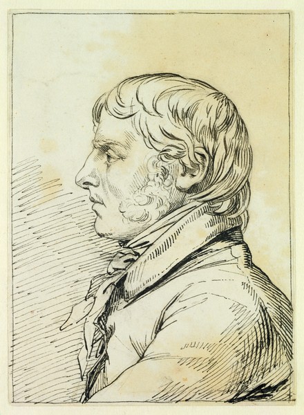Caspar David Friedrich, Self Portrait (pen and brown ink over traces of black chalk on paper) (Selbstportrait, Gesicht, Profil, Persönlichkeiten, Romantik,  Zeichnung, Studie, Klassiker, Wohnzimmer, Wunschgröße, sepia)