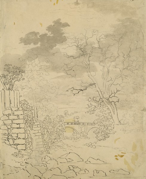 Caspar David Friedrich, Stream with a Bridge, c.1799 (pencil, pen and ink on paper) (Landschaften, Brücke, Baum, Fluss, Romantik, Zeichnung, Studie, Klassiker, Wohnzimmer, Wunschgröße, sepia)