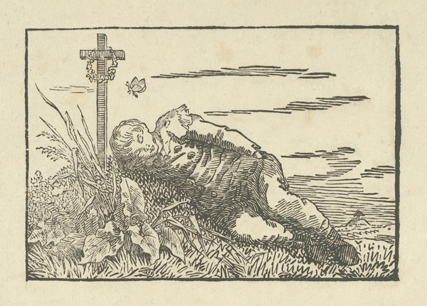 Caspar David Friedrich, Boy Asleep on a Grave, 1802 (woodcut) (Kreuz, Grab, Junge, Schlaf, Rasenstück, Gräser, Kräuter, Romantik,  Zeichnung, Studie, Klassiker, Wohnzimmer, Wunschgröße, sepia)