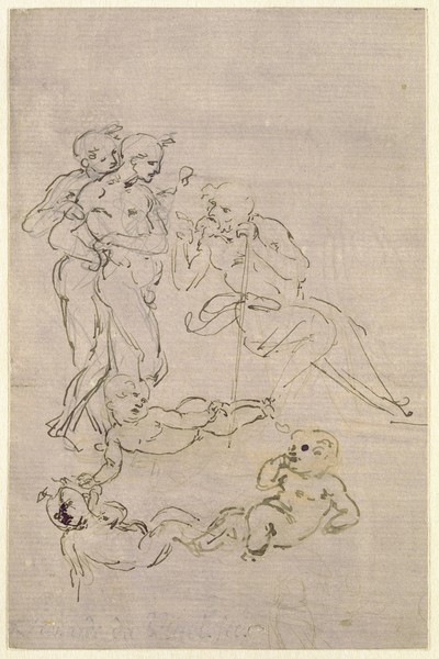 Leonardo da Vinci, Figural Study for the Adoration of the Magi (Joseph and Two Shepherds and Sketches for the Christ Child), c.1481 (pen & ink on paper)