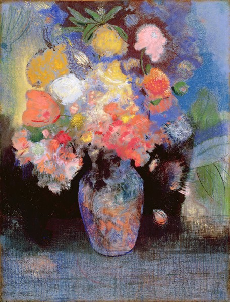 Odilon Redon, Flowers, 1900 (pastel on paper) (Postimpressionismus, Stillleben, Blumenvase, Blüten, Blumen, Sommerblumen, floral, Klassiker, Malerei, Wohnzimmer, Esszimmer, Treppenhaus, Wunschgröße, bunt)