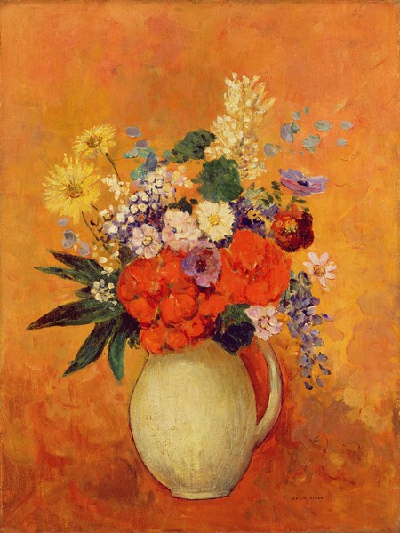 Odilon Redon, Flowers, 1910 (oil on canvas) (Postimpressionismus, Stillleben, Blumenvase, Blüten, Blumen, Sommerblumen, floral, Klassiker, Malerei, Wohnzimmer, Esszimmer, Treppenhaus, Wunschgröße, bunt)