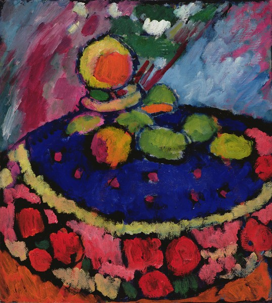 Alexej von Jawlensky, Mit Rundem Tisch, 1910 (oil on board) (Stillleben, runder Tisch, Obst, Expressionismus, Klassische Moderne, Malerei, Wohnzimmer, Treppenhaus, Wunschgröße, bunt)