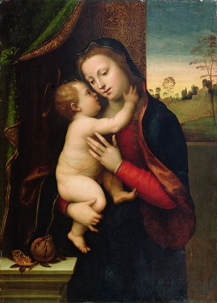 Mariotto Albertinelli, Madonna and Child, (oil on panel) (Mutter Gottes, Jesuskind, Christus, Maria, Mutter und Kind, Liebevoll, Umarmung, religiös, Christlich, Klassiker, Schlafzimmer, Wunschgröße, bunt)