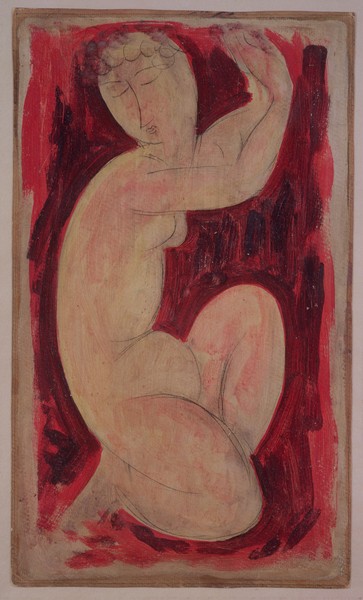 Amedeo Modigliani, Red Caryatid, 1913 (oil, tempera and crayon on board) (Akt, Aktzeichnung, Karyatide, Kanephore, Frau, Studie, Expressionismus, klassische Moderne, Malerei, Wohnzimmer,  Schlafzimmer, Wunschgröße, rot)