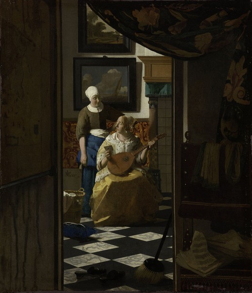 Jan Vermeer, The Love Letter, c.1669-70 (oil on canvas) (Wunschgröße, Malerei, Klassiker, Interieur, Lautenspielerin, Liebesbrief, Genremalerei, Barock, Niederlande, goldenes Zeitalter, Wohnzimmer, bunt)