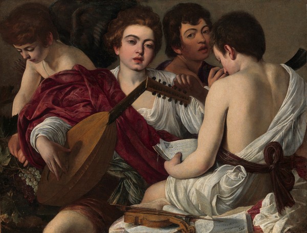 Michelangelo Merisi da Caravaggio, The Musicians, c.1595 (oil on canvas) (Musiker, Lautespieler, Jungen, Jünglinge, Probe, Klassiker, Barock, Esszimmer, Wohnzimmer, Malerei, Wunschgröße,  bunt)