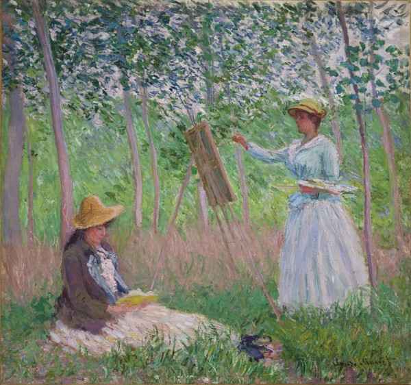 Claude Monet, In the Woods at Giverny: Blanche Hoschede at her easel with Suzanne Hoschede reading, 1887 (oil on canvas)