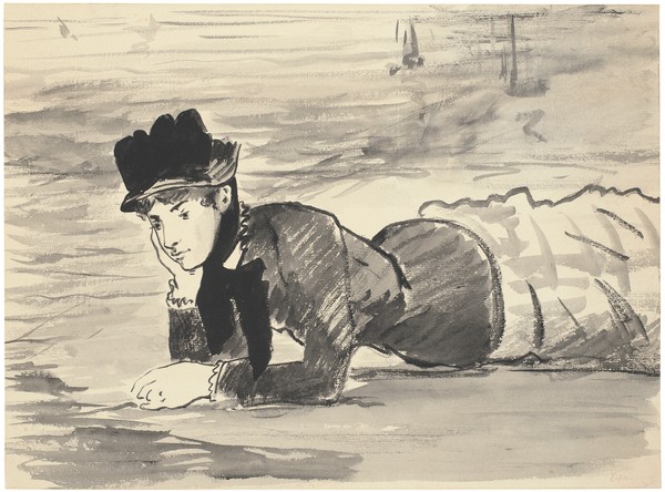 Edouard Manet, ""Woman Lying on the Beach. Annabel Lee, c. 1881 (Brush, grey and black ink over black chalk  framed in pen and blackish brown ink)""""