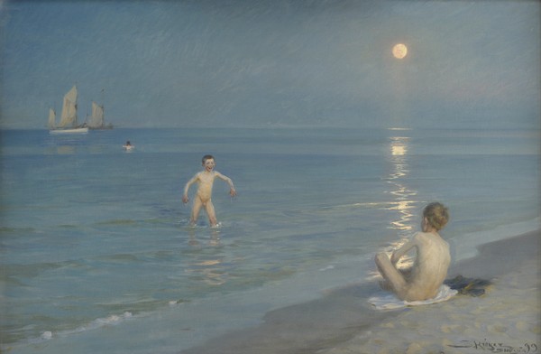 Peder Severin Kroyer, Boys Bathing at Skagen. Summer Evening, 1899 (oil on canvas) (Klassiker, Malerei, Meerebrise, Impressionismus, Norwegen, Meer, Strand, Badende, Buben, Jungs, Spaß, Sommer, Abendszene, Wohnzimmer, Wunschgröße, bunt)