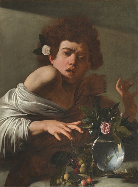 Michelangelo Merisi da Caravaggio, Boy Bitten by a Lizard, c.1595-1600 (oil on canvas) (Junge, Schönling, Früchte, Biss, Eidechse,Schmerz, Klassiker, Barock, Wohnzimmer, Malerei, Wunschgröße, bunt)