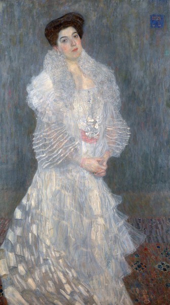 Gustav Klimt, Portrait of Hermine Gallia (1870-1936) 1904 (oil on canvas) (Klassische Moderne,dekorativ, Jugendstil, Eros&People, Frau, Portrait, Eleganz, weißes Kleid,  bunt, Wohnzimmer, Treppenhaus, Schlafzimmer, Malerei, Wunschgröße)