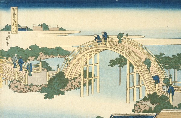 Katsushika Hokusai, Drum Bridge of Kameido Tenjin Shrine from the Series Wondrous Views of Famous Bridges in All the Province, 19th century (colour woodblock print)