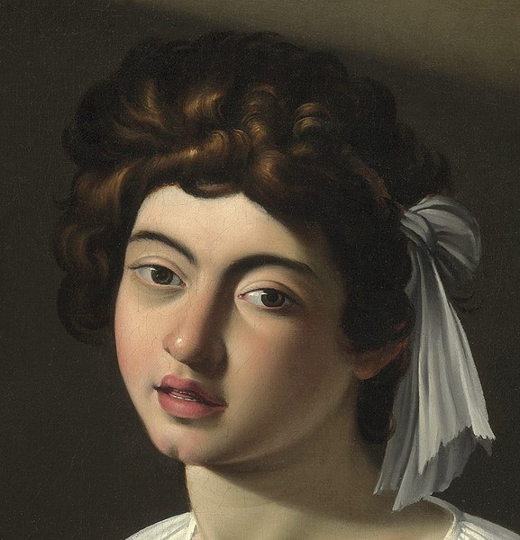 Michelangelo Merisi da Caravaggio, The Lute Player, c.1595, detail (oil on canvas) (Musiker, Lautespieler, Gesind, Bildnis, Portrait, Junge, Schönling, Jüngling, Klassiker, Barock, Esszimmer, Wohnzimmer, Malerei, Wunschgröße, Detail bunt)
